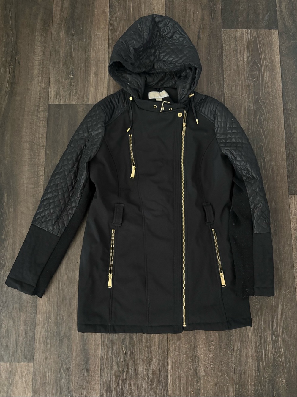 MICHAEL Michael Kors Black Hooded Trench Coat with Gold Zippers